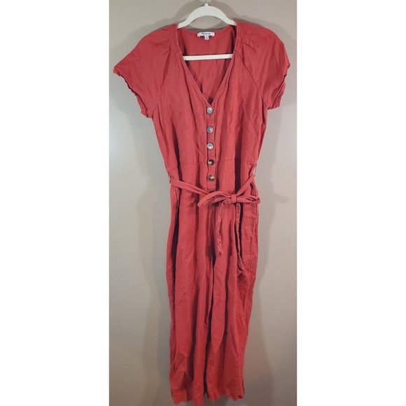 Madewell Red Pleat Sleeve Button Down Linen Blend Jumpsuit Sz 6 - Picture 3 of 10